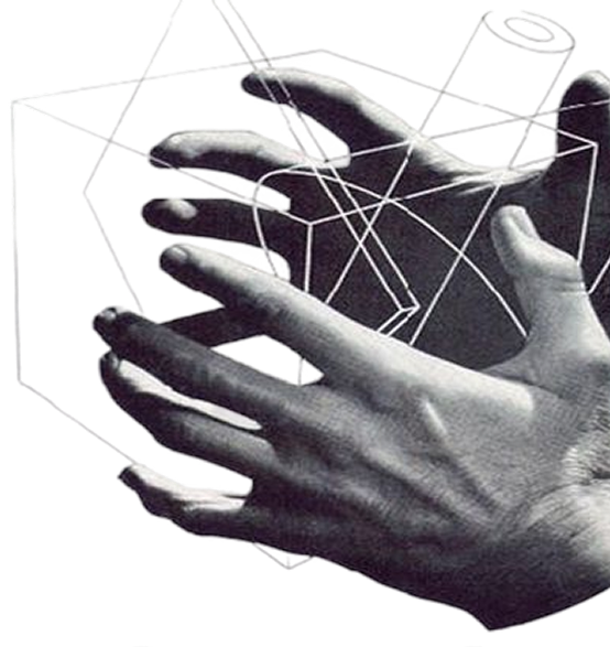 Black and white hands reaching through geometric line shapes