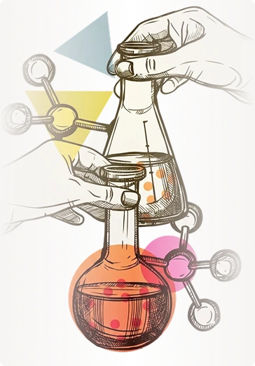 Hand-drawn hands pouring liquid between laboratory flasks with molecule diagrams
