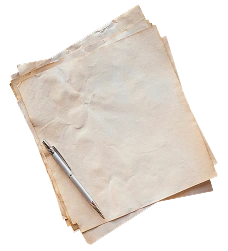 Sheets of aged paper with a pen