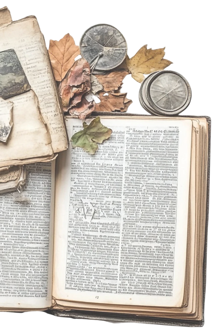 Old open book with coins, dried leaves and papers